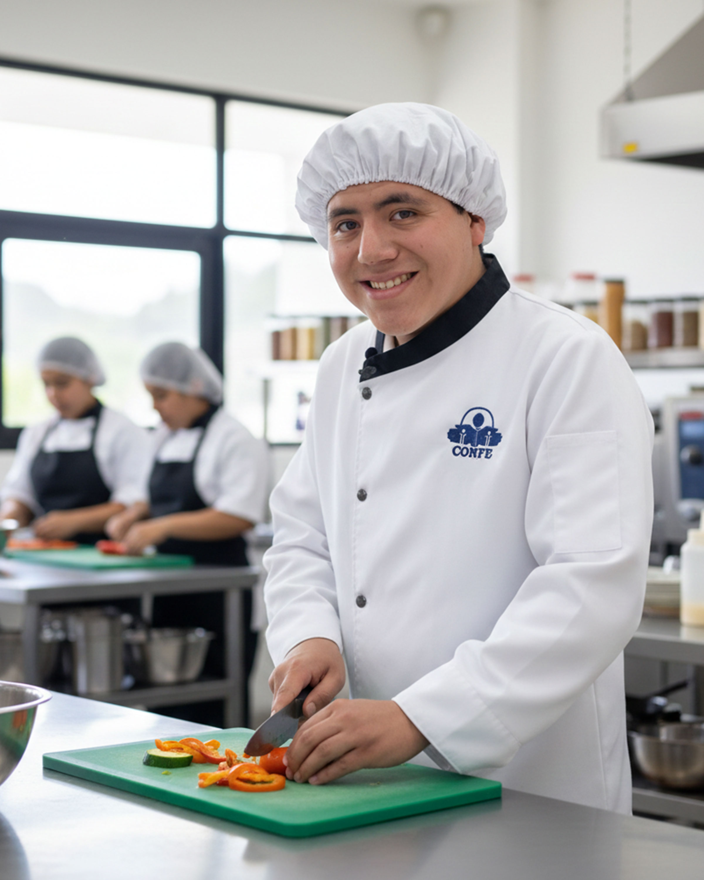 Joven en capacitación culinaria con chamarra CONFE