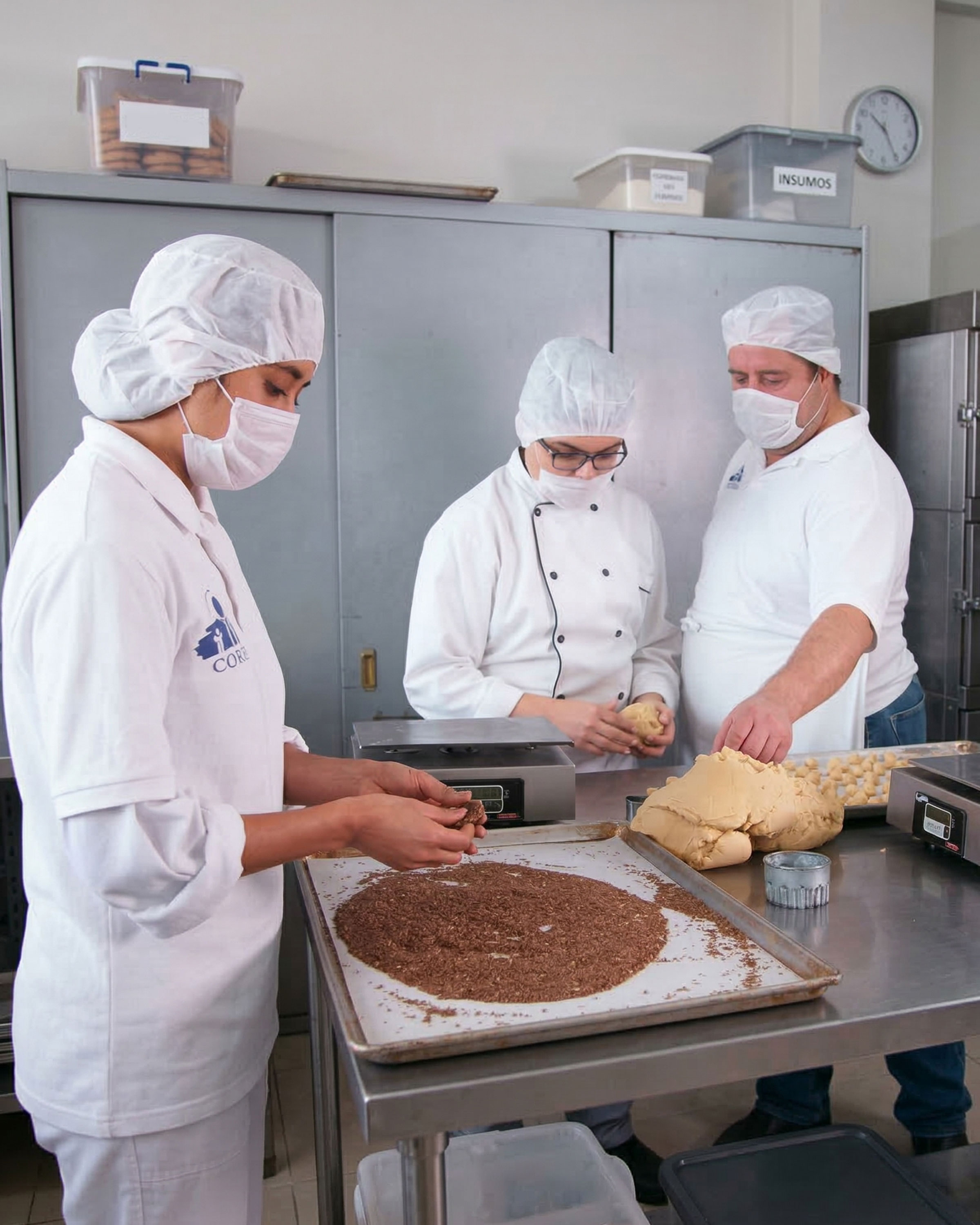 Equipo en taller de panadería con uniforme CONFE